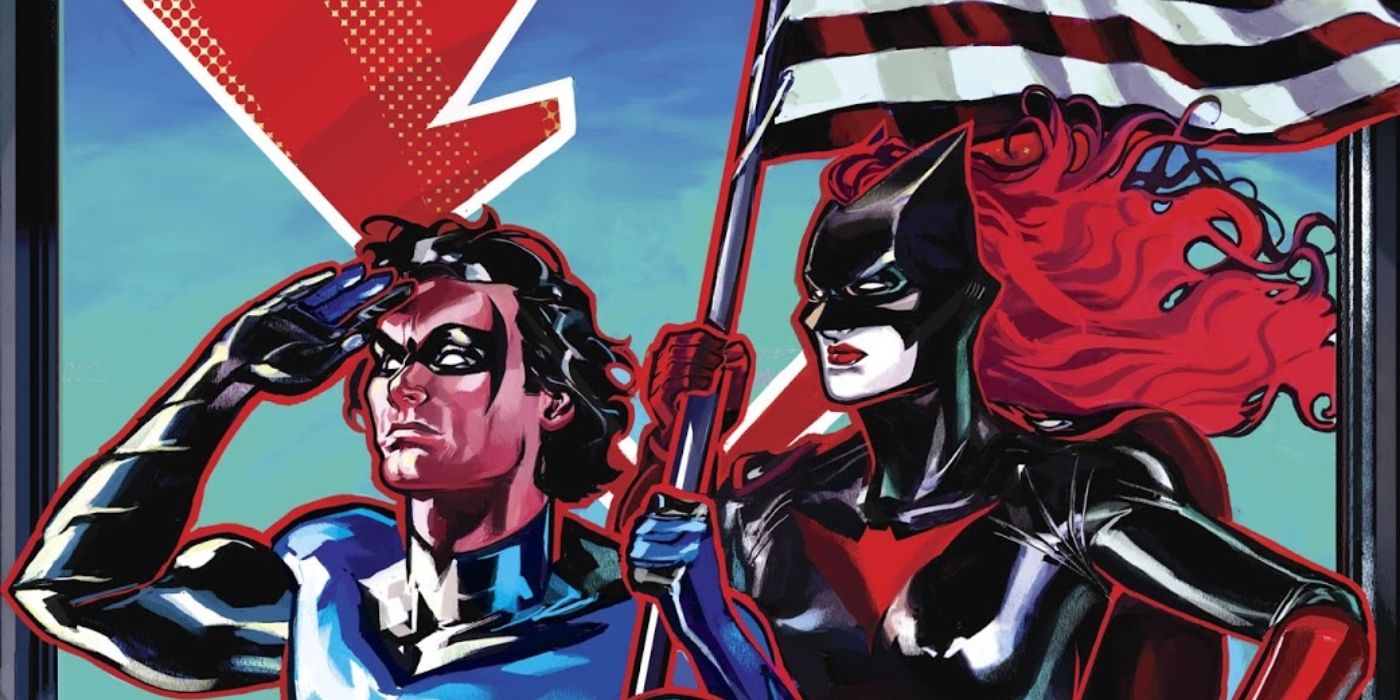 Nightwing and Batwoman stand with an American flag