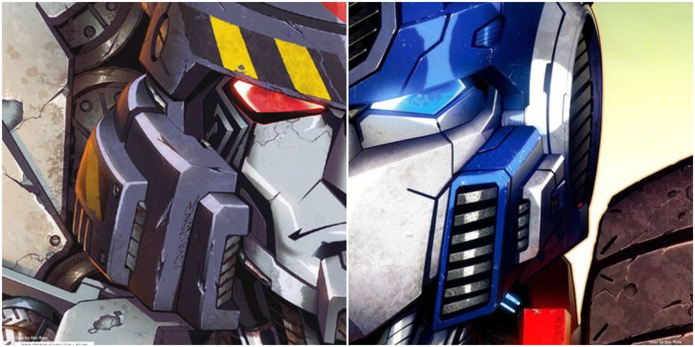 Half of Megatron's face next to half of Optimus Prime's face.