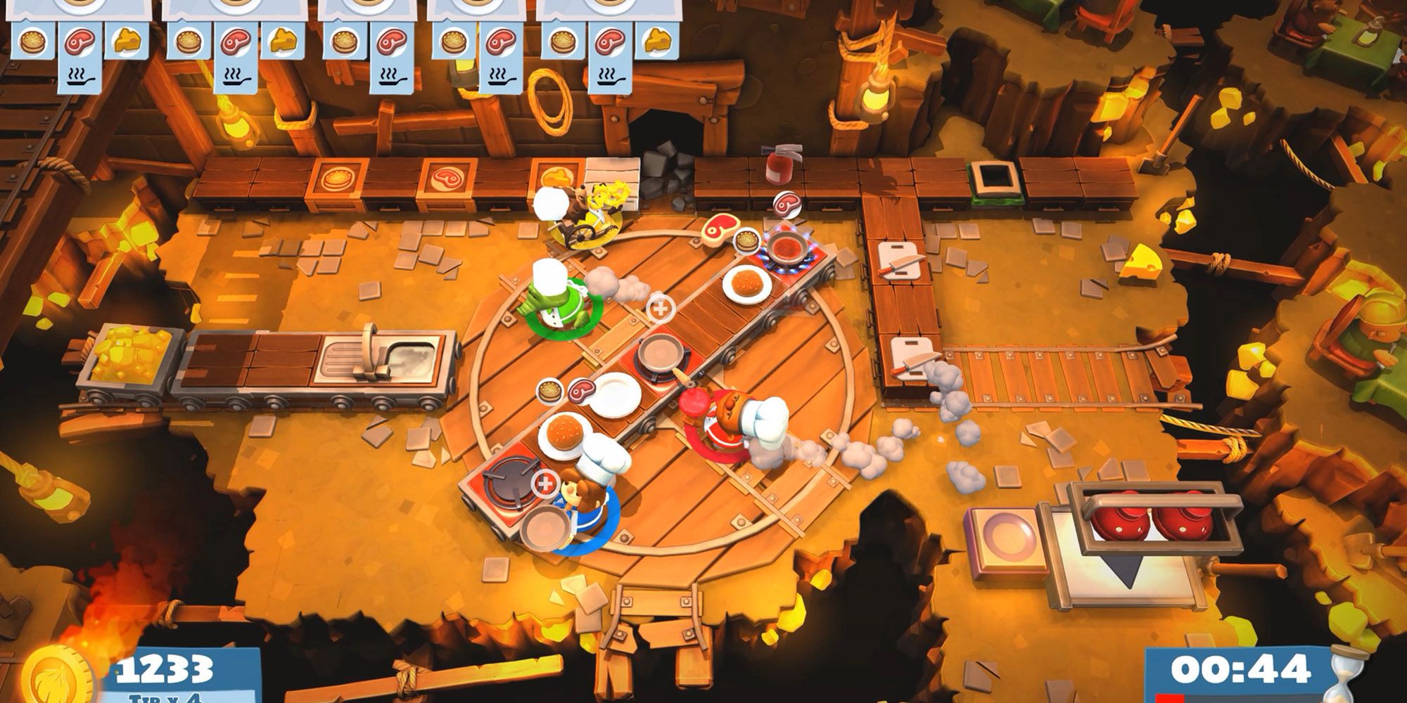 Overcooked 2 Four Chefs Running Around The Kitchen with 44 Seconds Left On The Clock