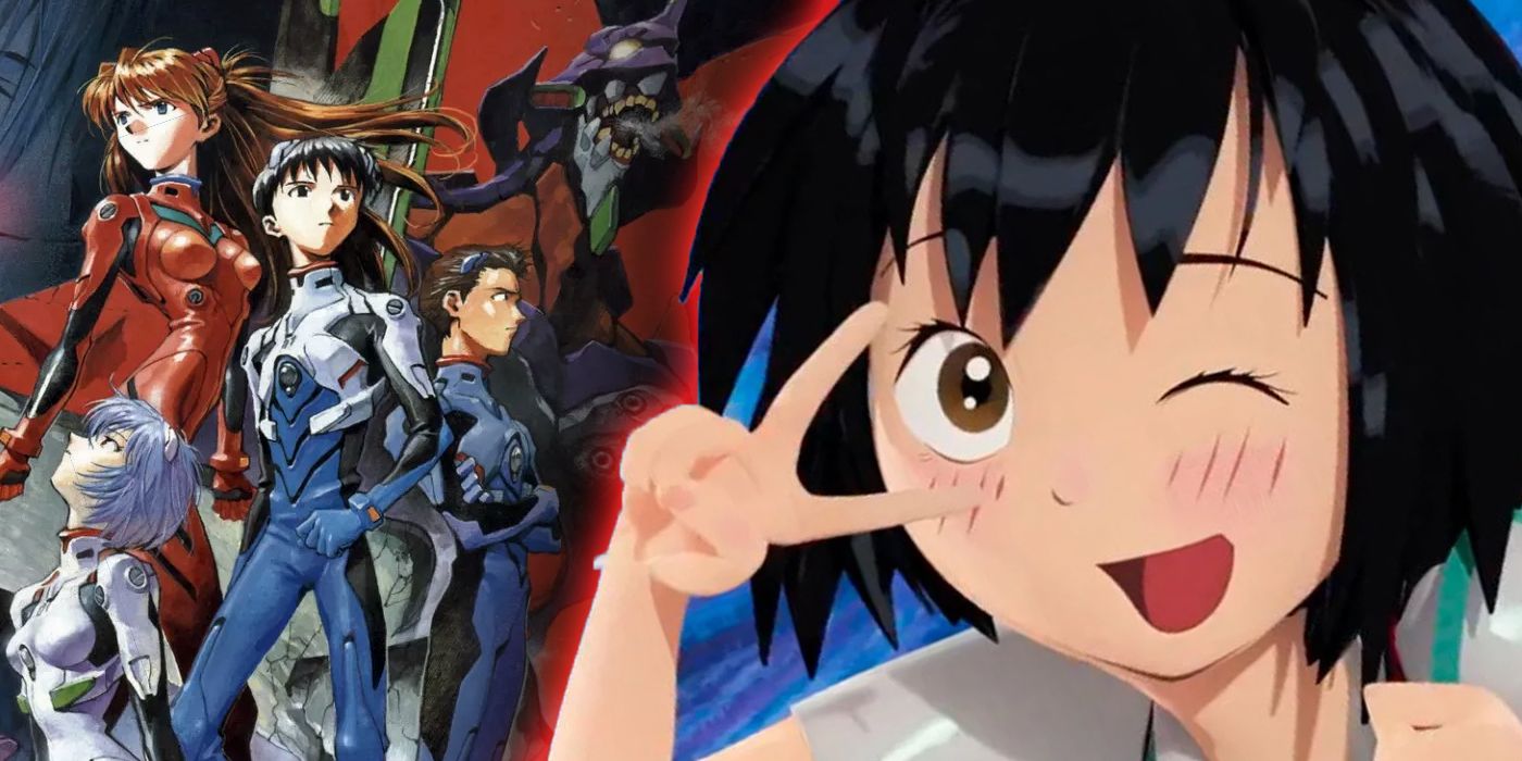 Evangelion heroes with Peni Parker using a peace sign