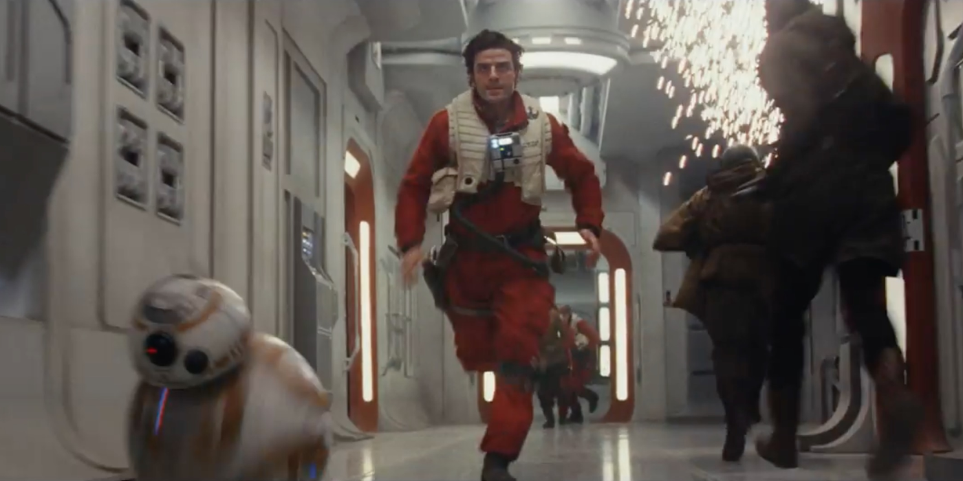 poe dameron and bb-8 running together down a hallway