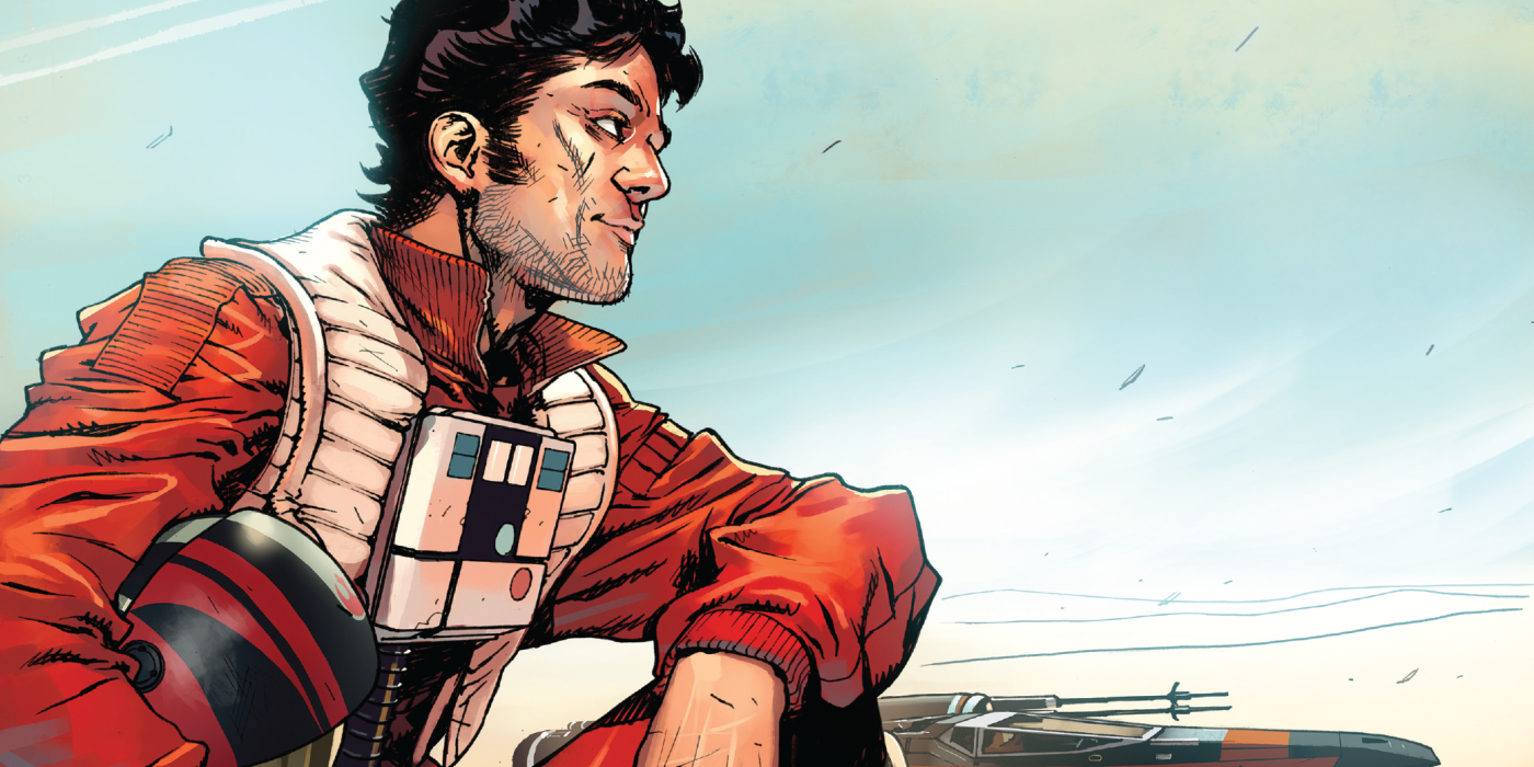 poe dameron in uniform looking out over the sky