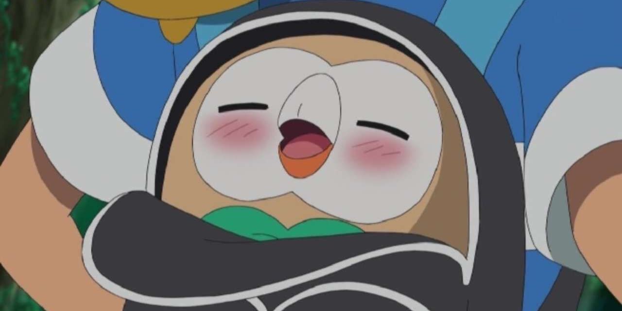 Ash's Rowlet in a backpack in the Pokémon anime.