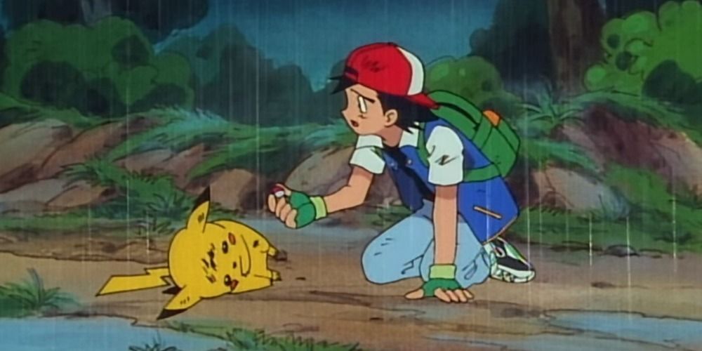 Heavily injured Pikachu refusing to go into his Pokeball while being attacked by Spearow.