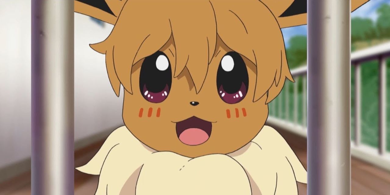 Eevee looking happy and blushing in the Pokemon anime