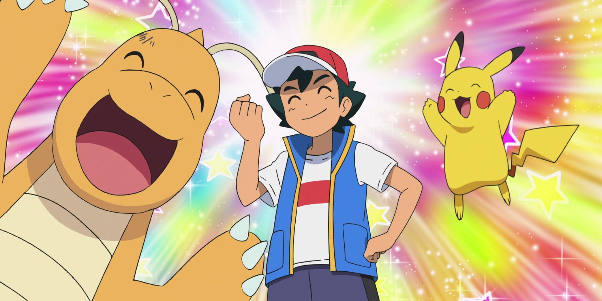 Ash, Pikachu and Dragonite celebrating in the Pokemon anime