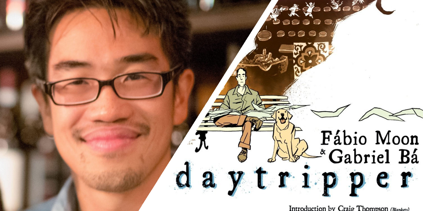 a split image of a smiling man with glasses, and a comics cover for daytripper