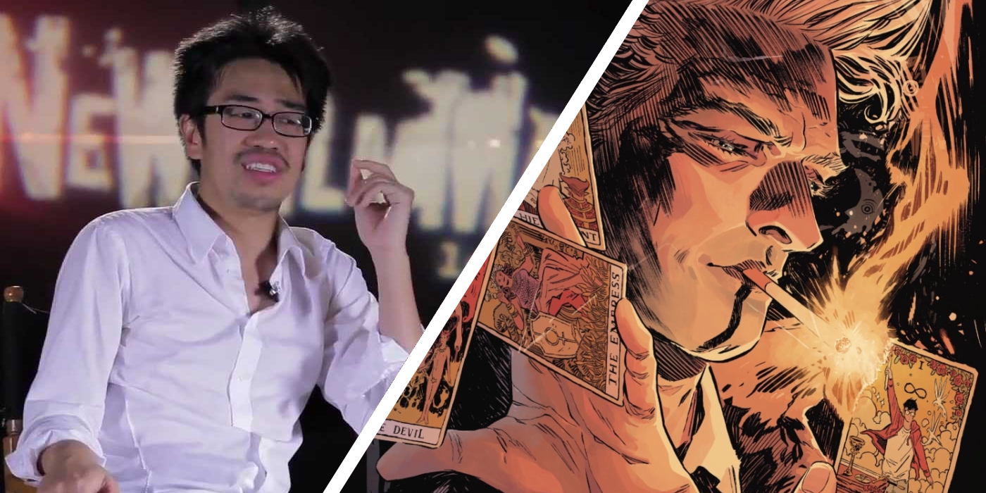 a split image of a smiling man in a white shirt and a comic cover close-up on a smoking man with tarot cards