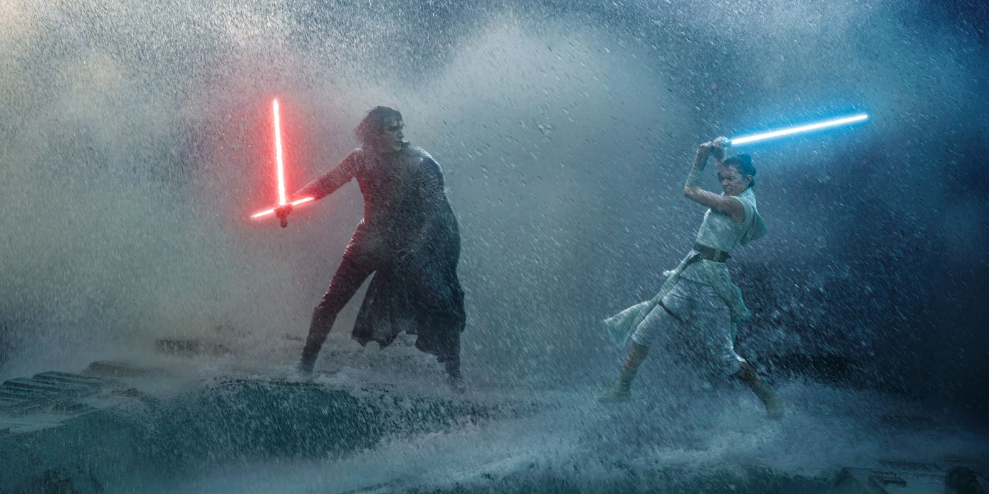 kylo ren with his red lightsaber and rey with her blue lightsaber fight in the rain