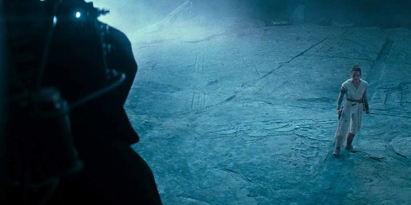 rey on the far right faces off against a dark mass on the left