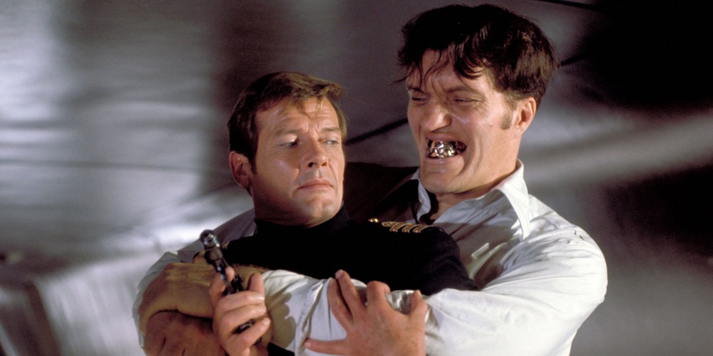 Roger Moore's James Bond fights Jaws (Richard Kiel) in The Spy Who Loved Me