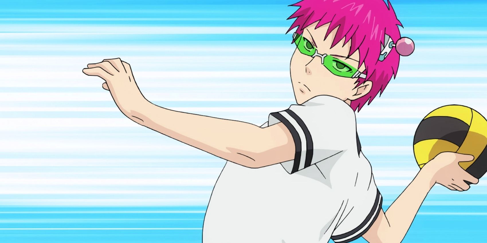 Kusuo prepares to throw a dodgeball in Saiki K Season 1 Episode 2