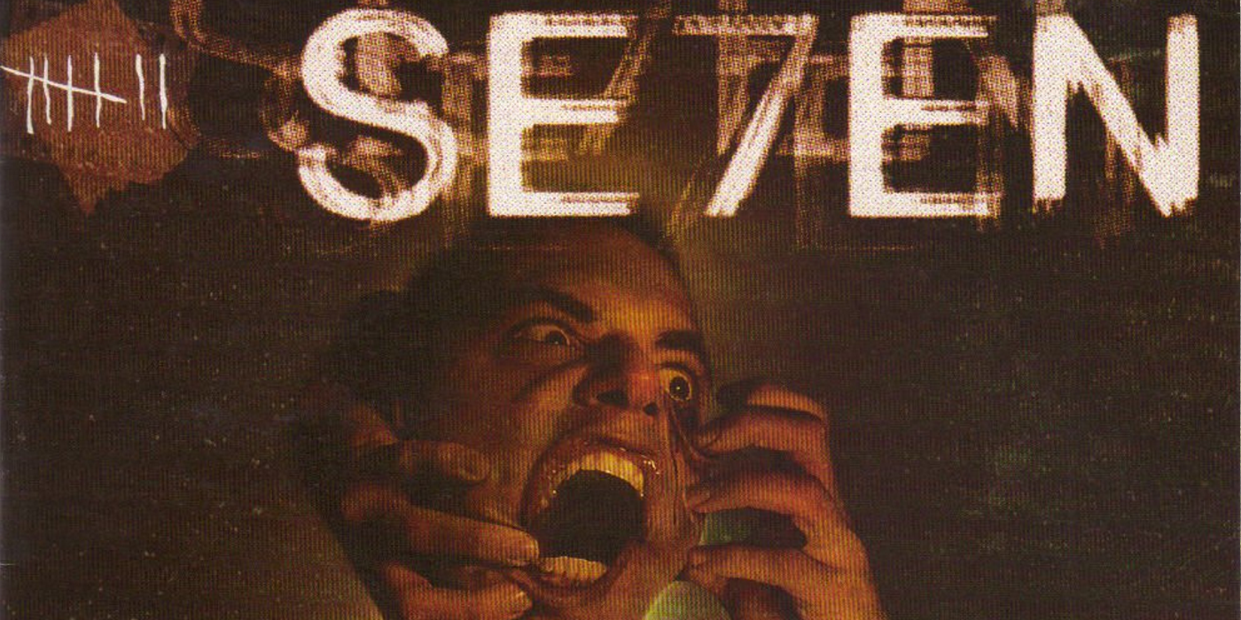 text reading SEVEN with a 7 stylized as the V above a man screaming, tearing at his own face
