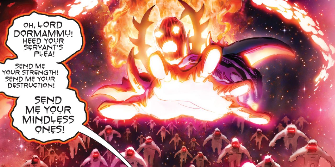 Shang Chi Dormammu from Marvel Comics surrounded by followers.