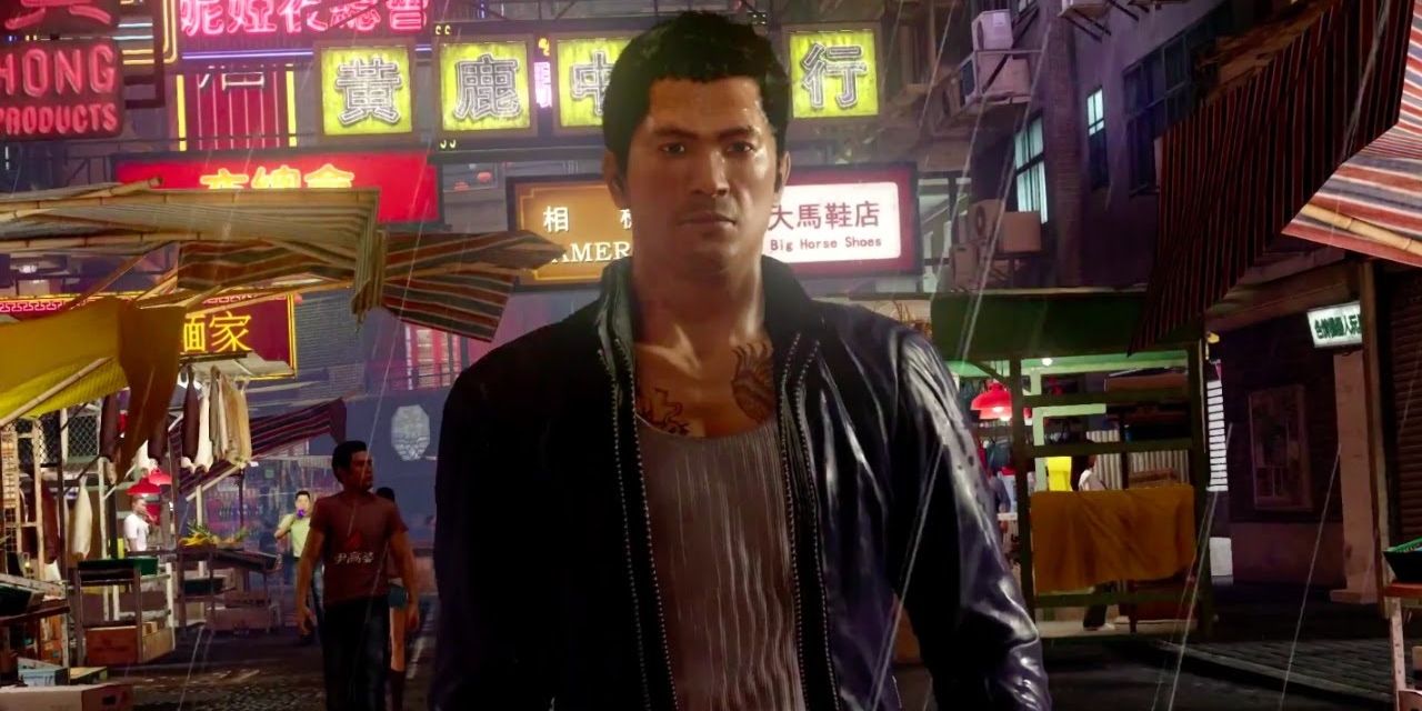 Shen walks through a Japanese city at night in the game, Sleeping Dogs