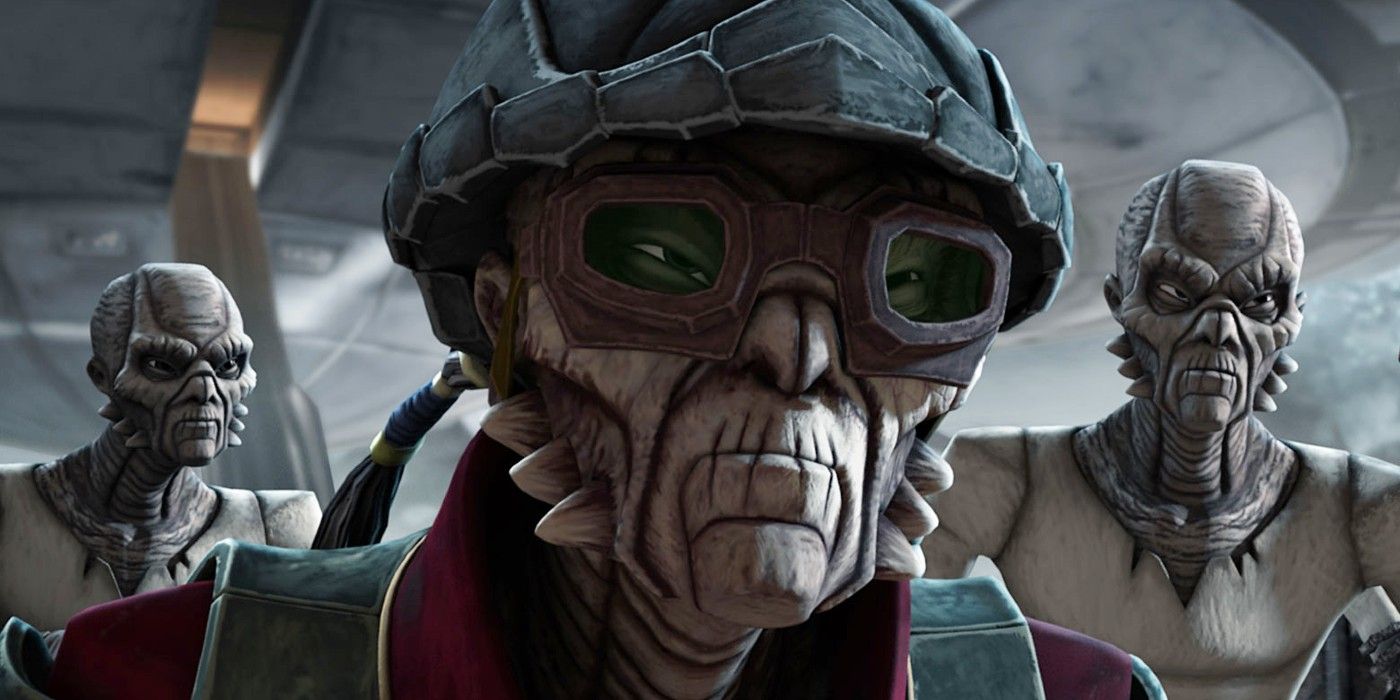 Hondo Ohnaka stands in front of Weequay space pirates in the Star Wars animated series, The Clone Wars