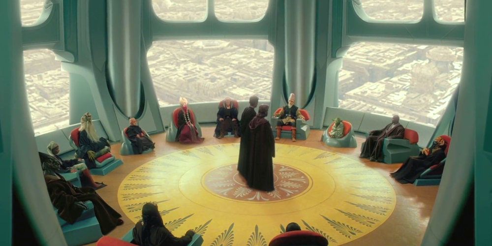 O Conselho Jedi tendo uma reunião em Star Wars 