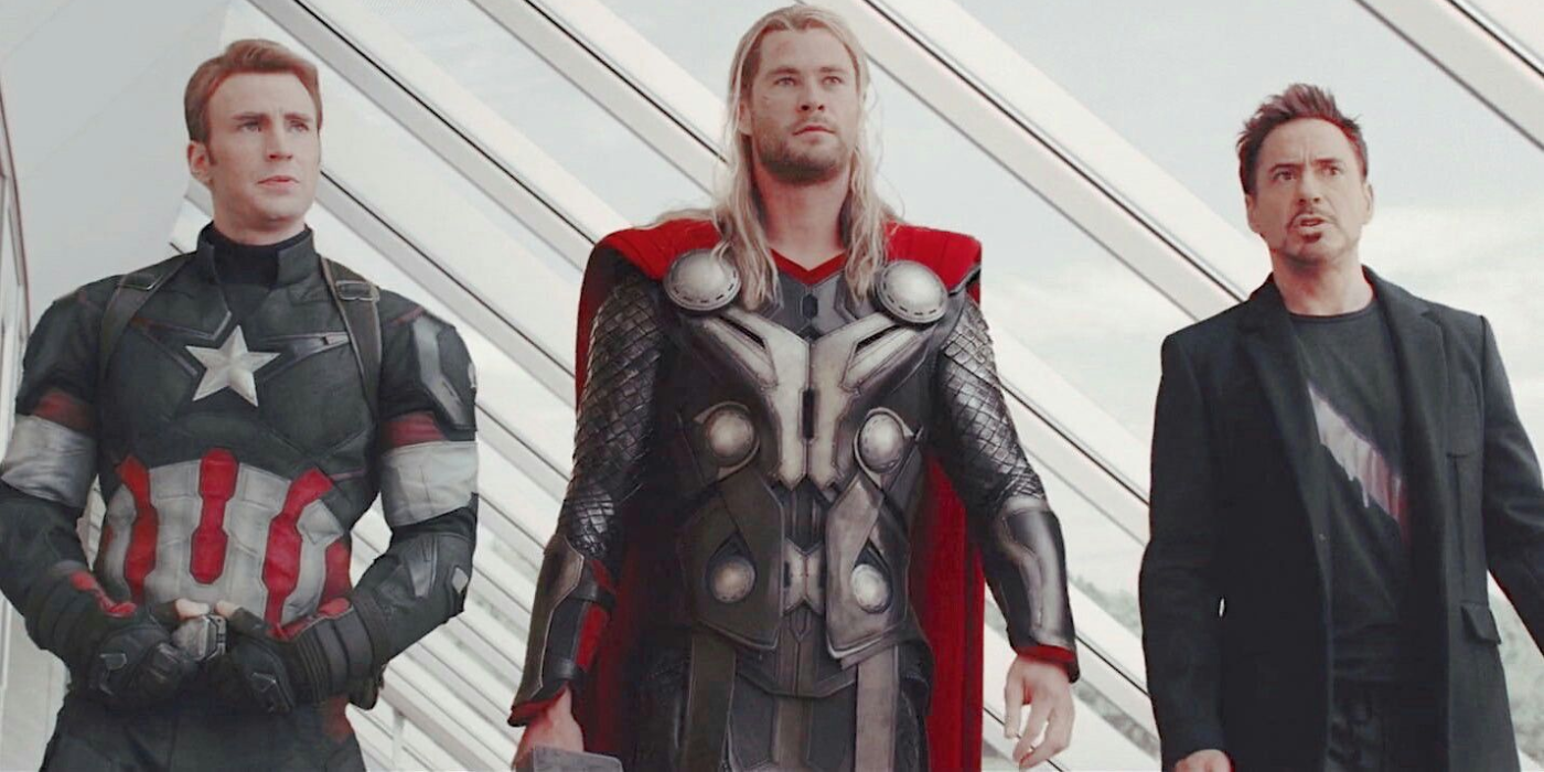 steve rogers, thor, and tony stark together in a line