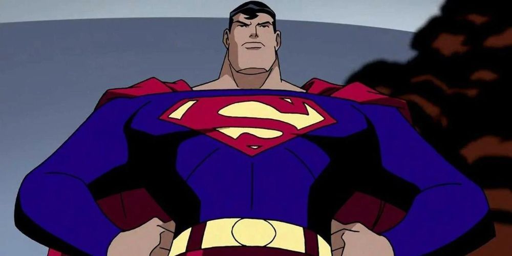 Superman Standing tall facing an enemy in the Justice League animated series