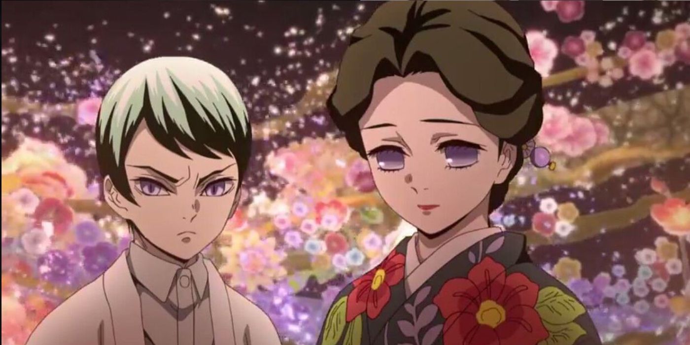Tamayo and Yushiro with a floral background in Demon Slayer.