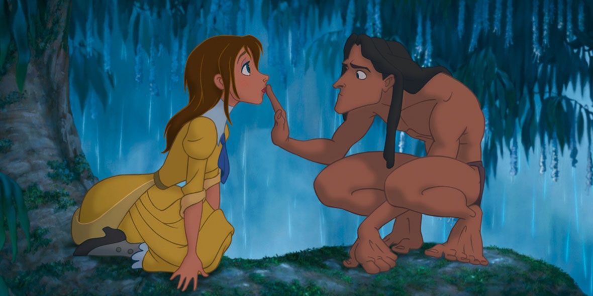 Tarzan checking Jane's lips in Tarzan Disney movie