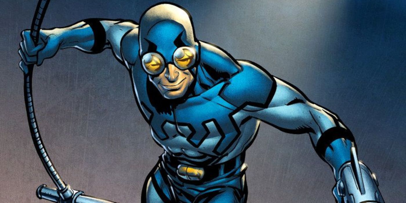 An image of Ted Kord, the Silver Age Blue Beetle, in action in artwork from DC Comics.