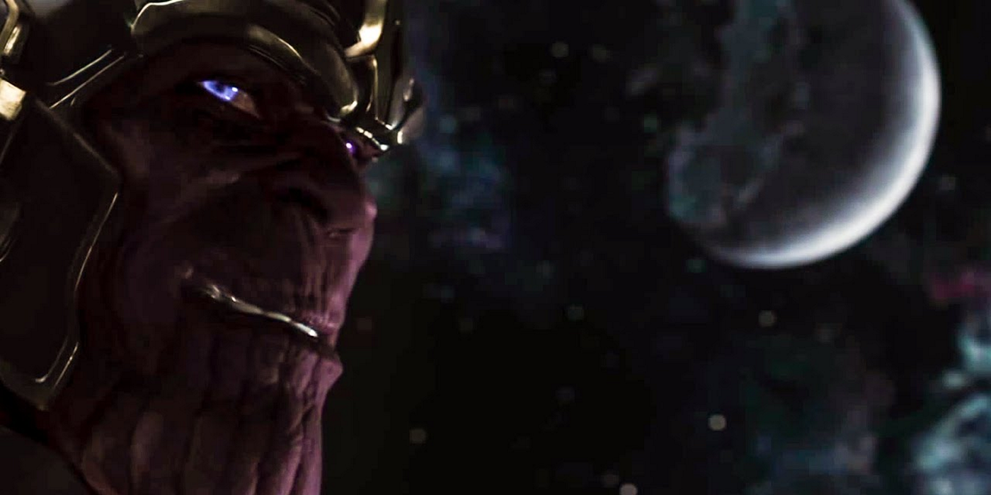Thanos from The Avengers looking to the camera with glowing purple eyes