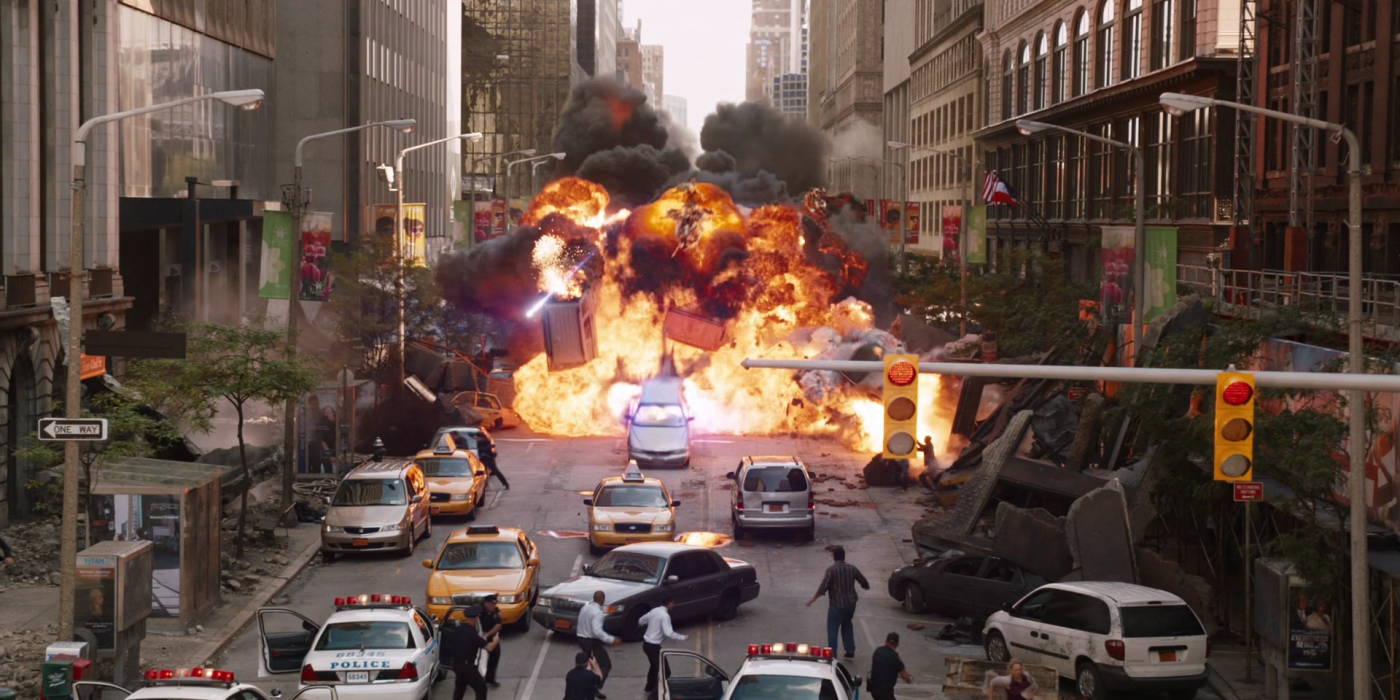 The Battle of New York in The Avengers with cars exploding in the distance