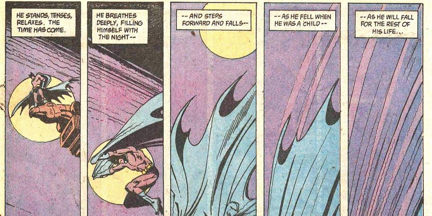 five panels of Batman falling