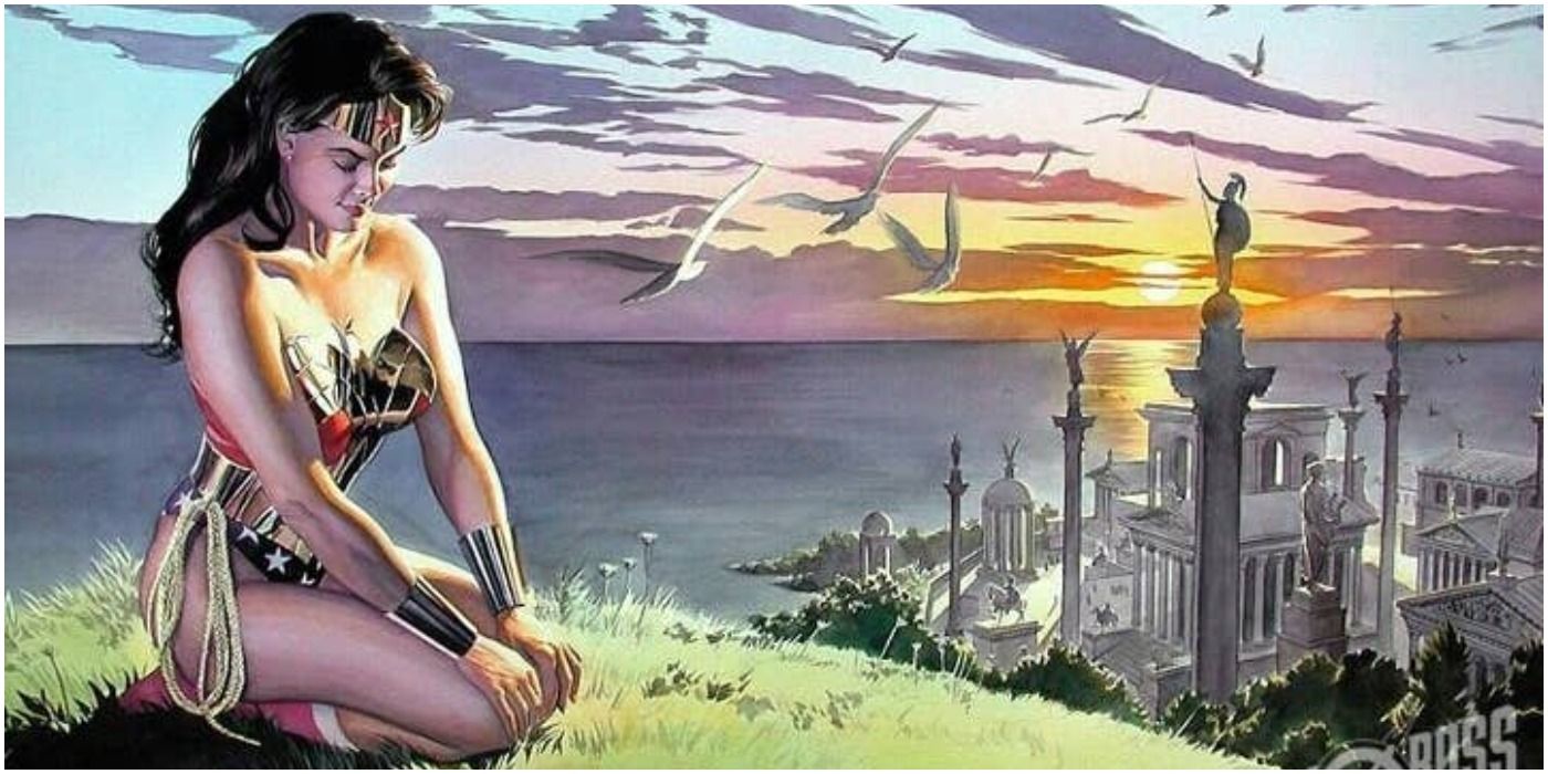 Wonder Woman kneeling outside Themyscira