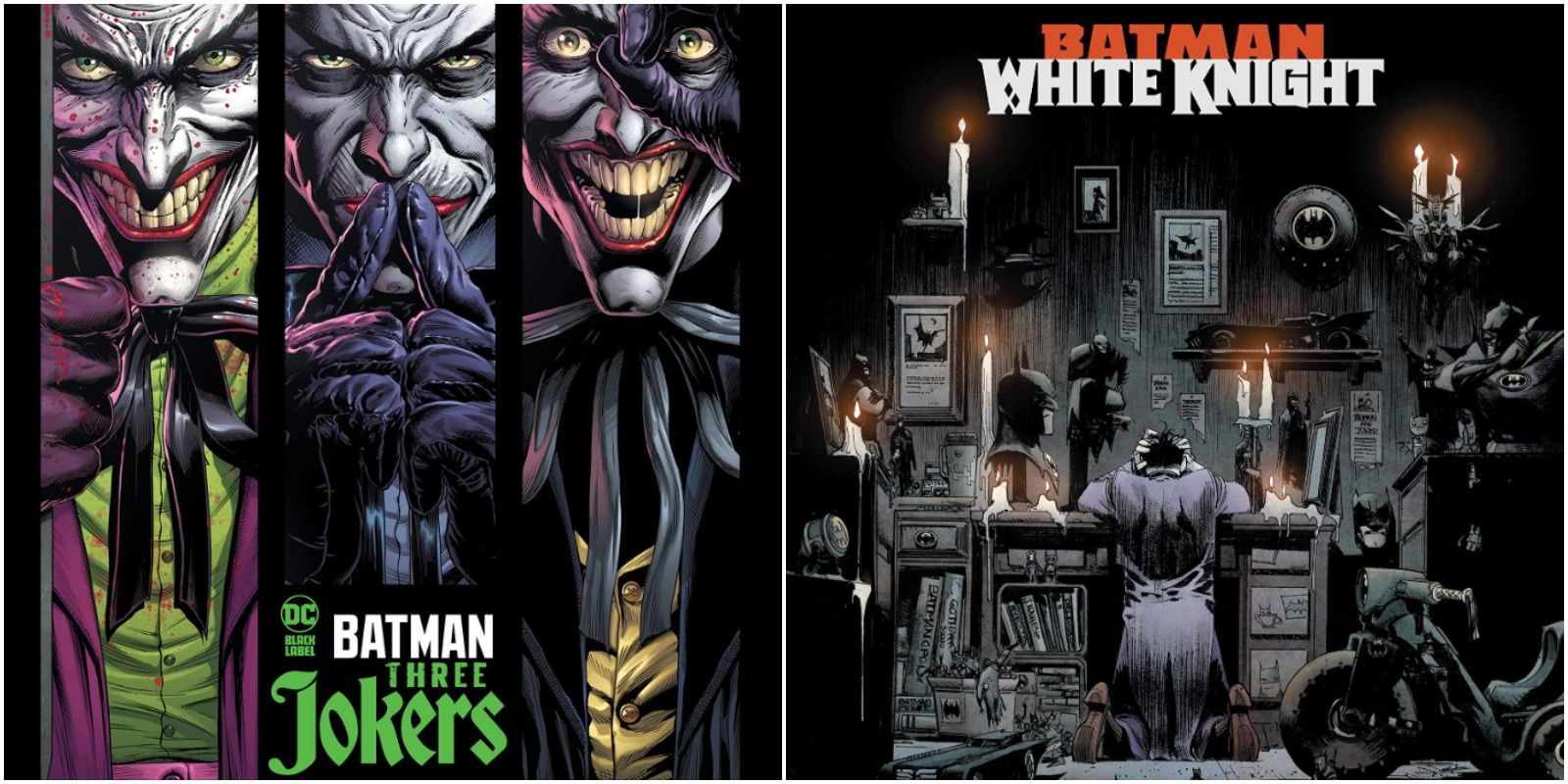 Cover art for Geoff Johns and Jason Fabok's Three Jokers, and cover art for Sean Murphy's White Knight