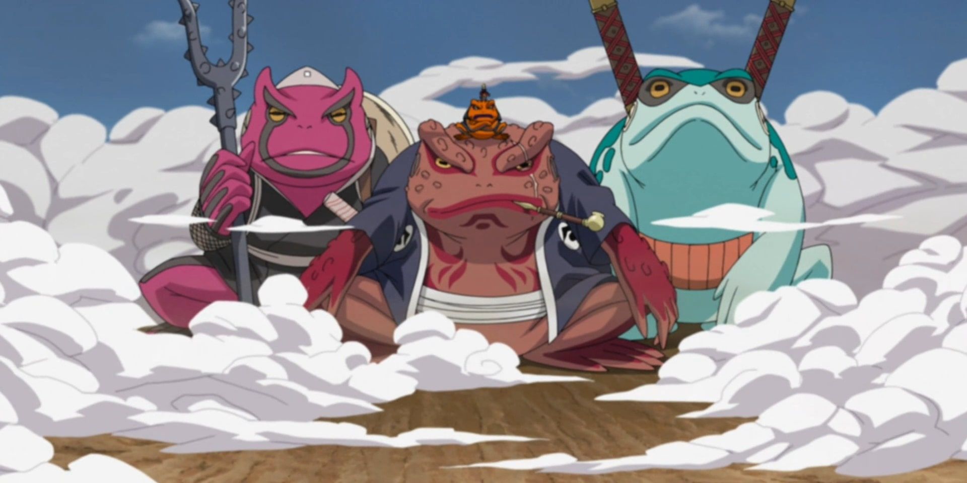 Naruto using the Summoning Jutsu to call four giant ninja toads 