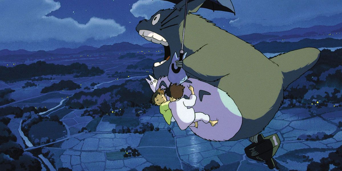 Totoro, Satsuki Kusakabe, and Mei Kusakabe in My Neighbor Totoro.
