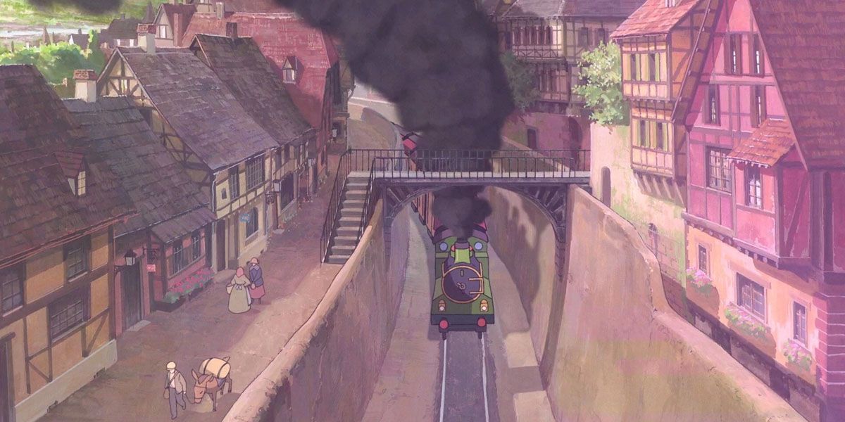 The train traveling between houses in Howl's Moving Castle