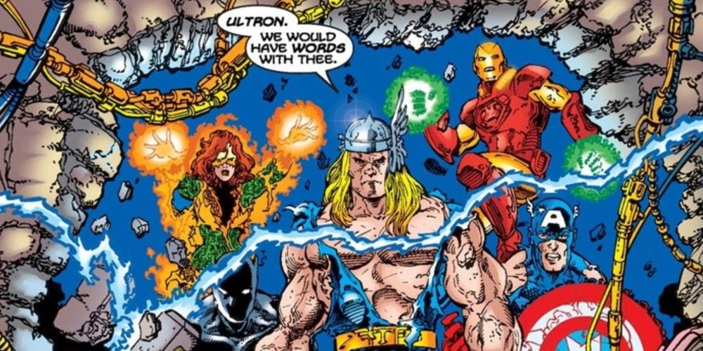 An image of Firestar, Thor, Captain America, and Iron Man from "Ultron Unlimited"