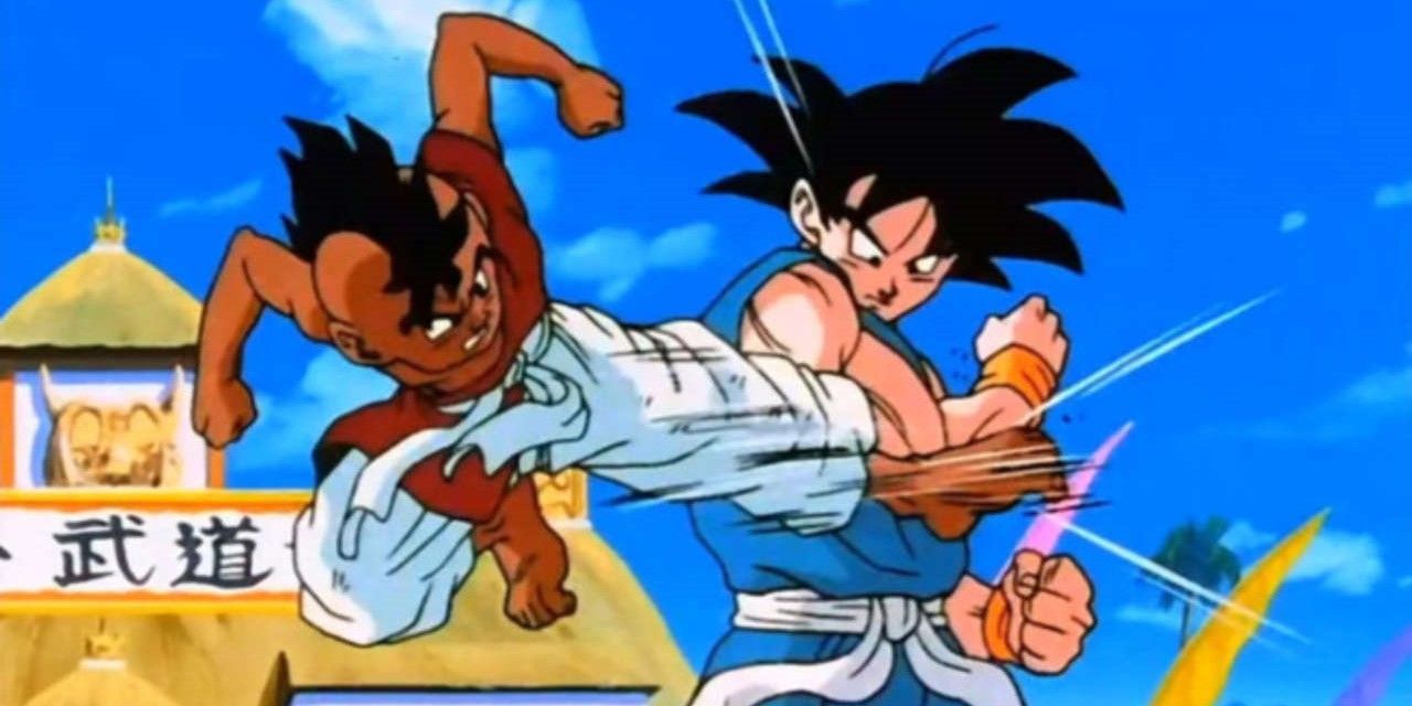 Uub and Goku fight during the World Martial Arts Tournament in Dragon Ball Z