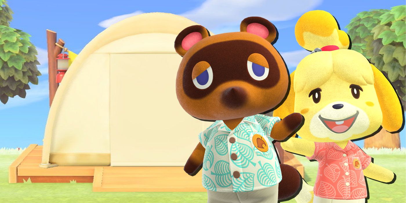 Isabelle and Tom Nook waving while standing in front of a tent