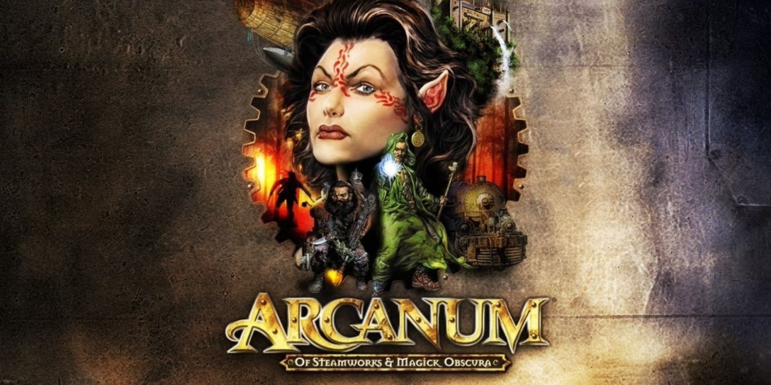 Title Screen of Arcanum showing a woman with red makeup, a wizard, and a barbarian