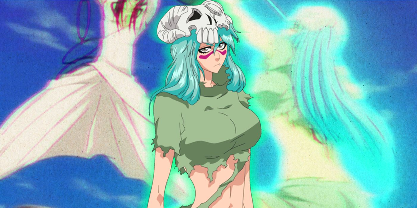 nelliel in her adult form against a background of her dueling nnoitora gilga in bleach