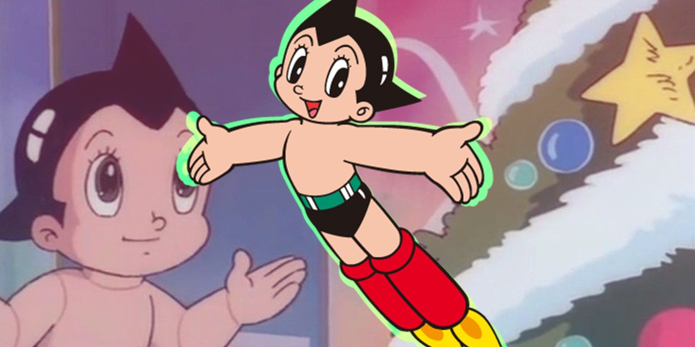 A split image of Astro Boy waving and flying from Astro Boy manga 