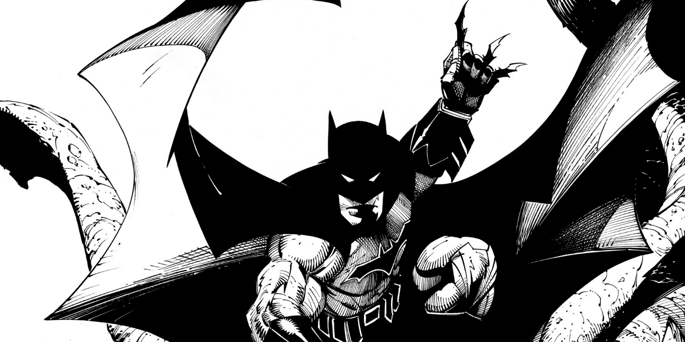 A black and white drawing of Batman holding a Batarang