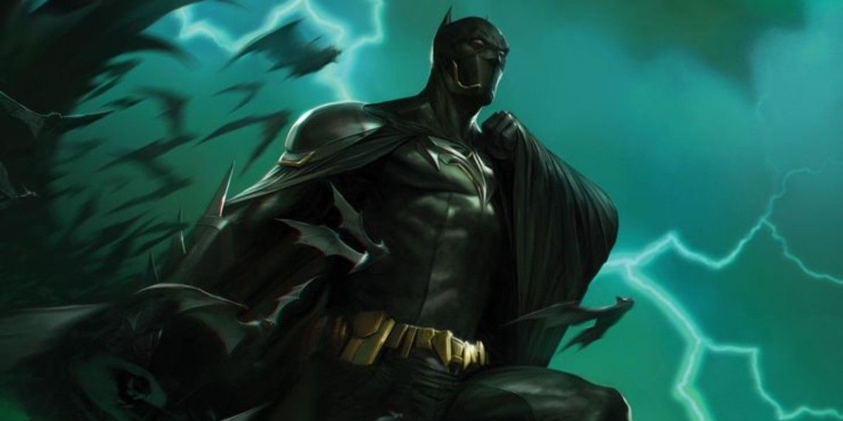 DC Comics' Batman in front of lightning