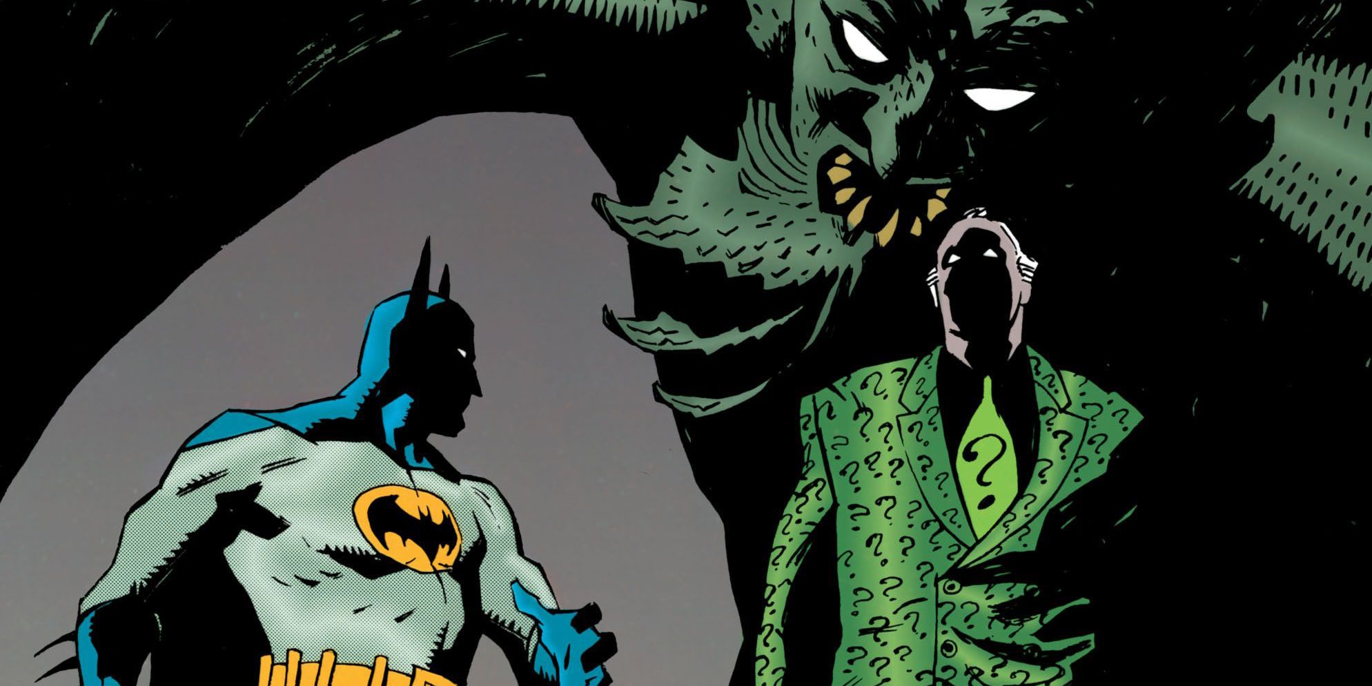 Batman about to face the Riddler in Dark Knight, Dark City, behind them, there's the Bat Demon