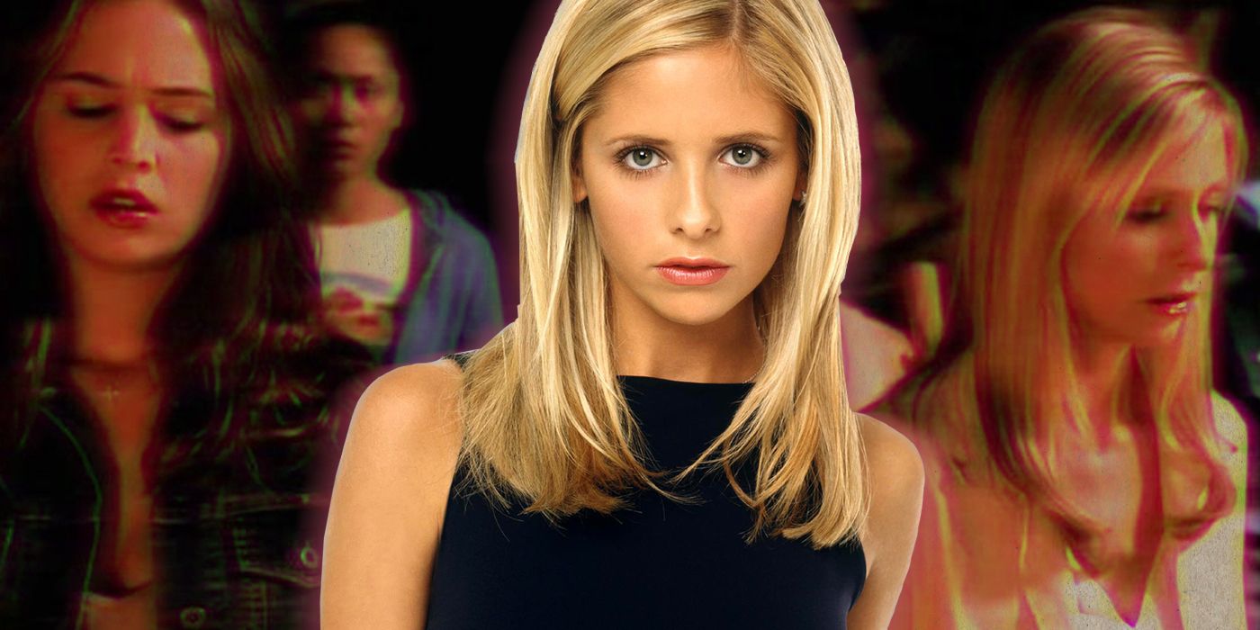 Buffy centered in a graphic with characters from Buffy the Vampire Series.