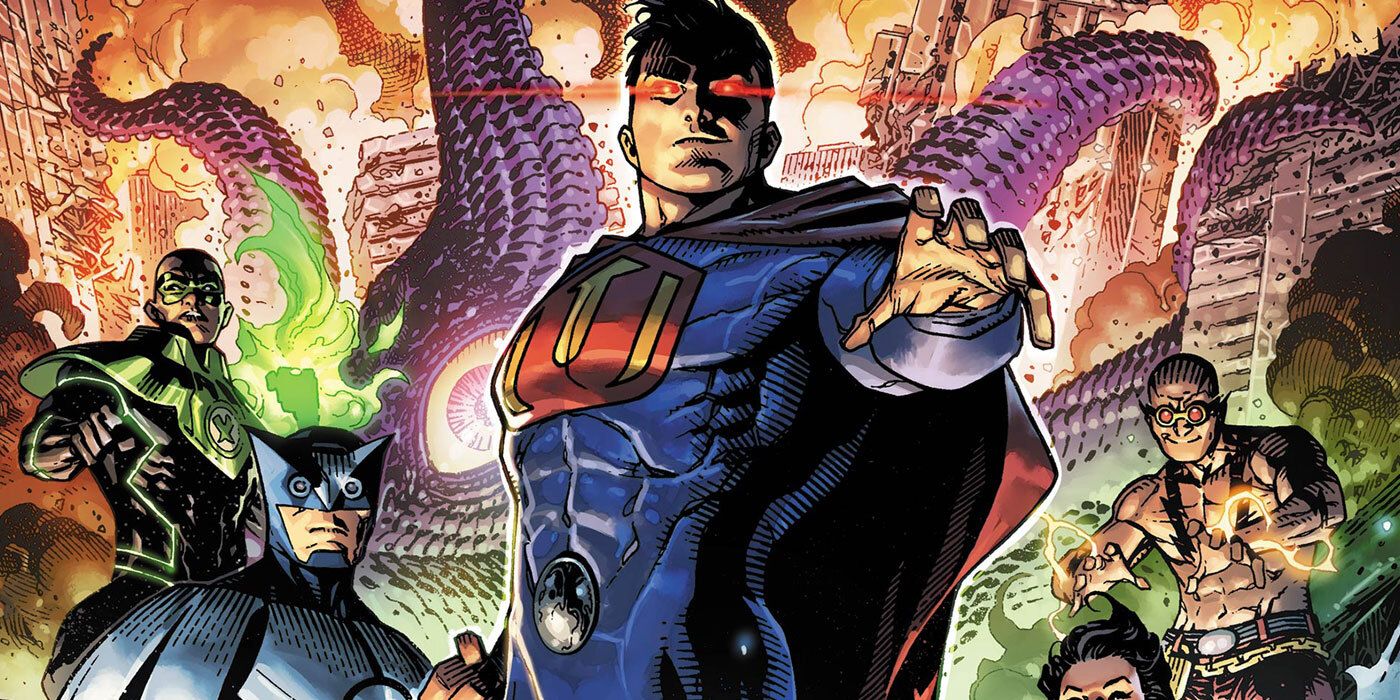 The Crime Syndicate, led by Ultraman, stands before Starro in DC Comics