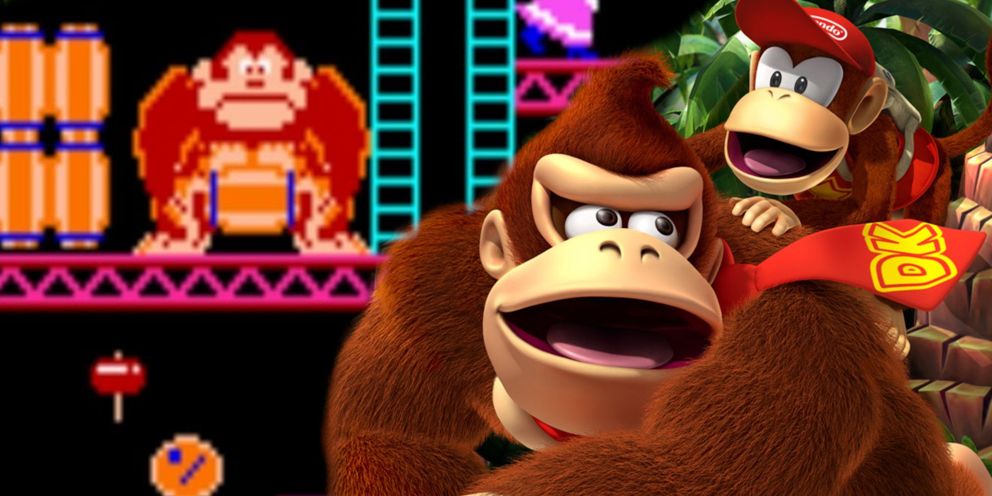 collage image of original Donkey Kong game with new Donkey and Diddy Kong