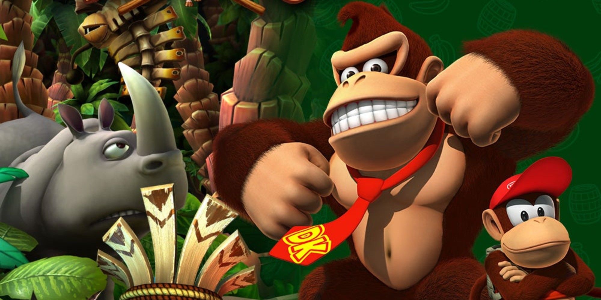 Donkey Kong, Diddy Kong, and Rambi in Nintendo's Donkey Kong Country Returns