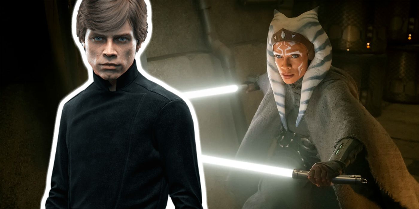 Star Wars' Luke Skywalker beside Ahsoka Tano wiedling her twin, white lightsabers.