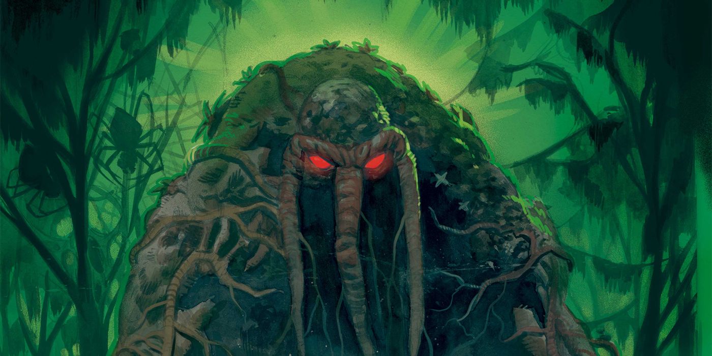 Daniel Acuña's cover features Man-Thing in a swamp with spiders dangling behind him