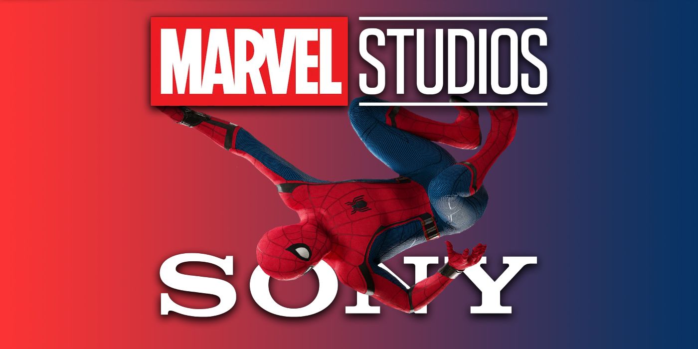 Uma imagem do Homem-Aranha de Tom Holland entre os logotipos da Sony e da Marvel Studios.